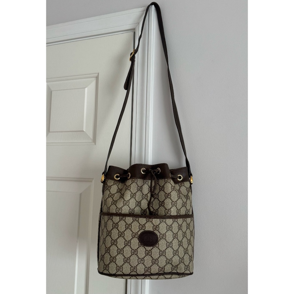 Authentic Vintage Gucci Brown Monogram Canvas Leather Shoulder Bucket Bag